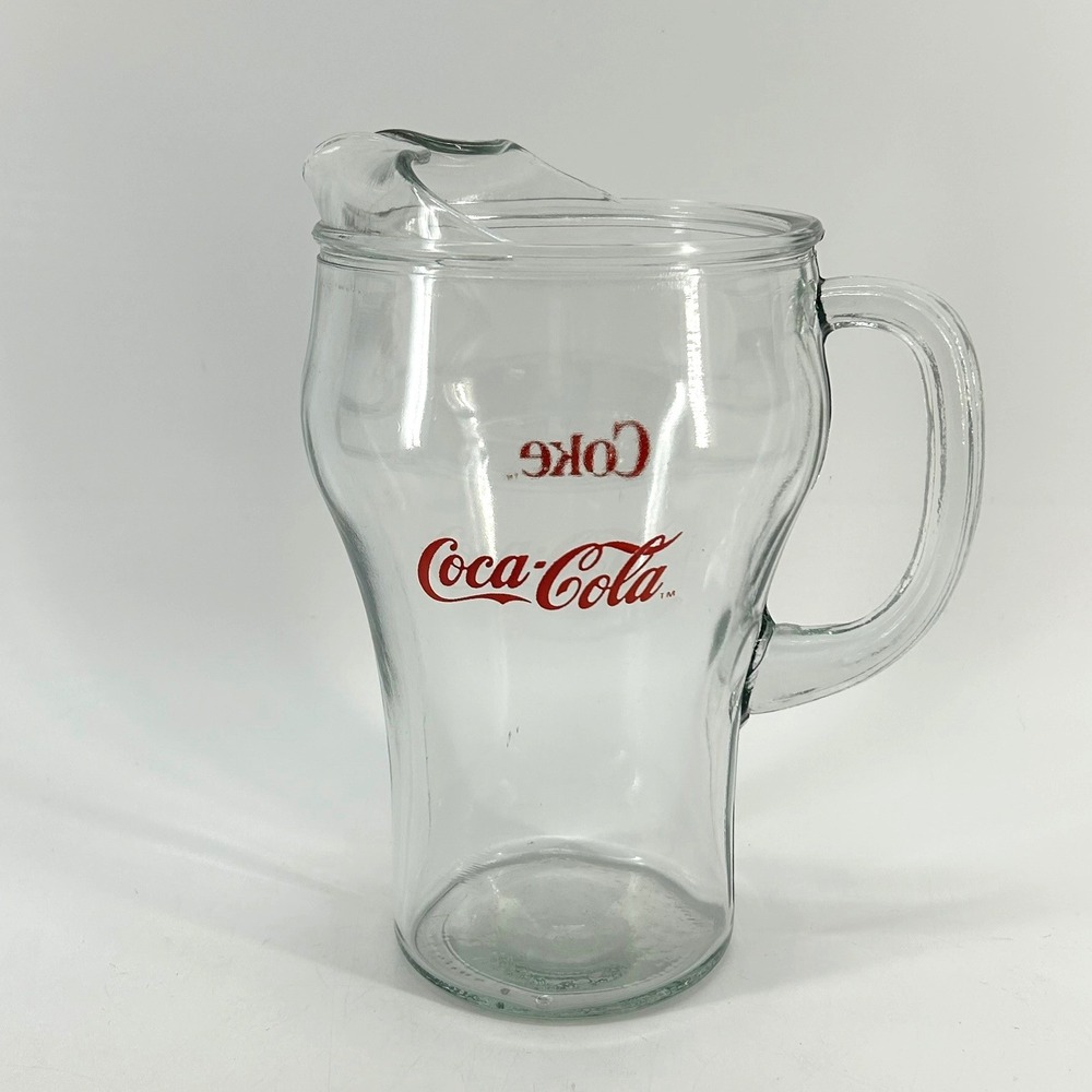Vintage Coca-Cola Clear Glass Pitcher with Handle and Ice Lip Red Coke Logo